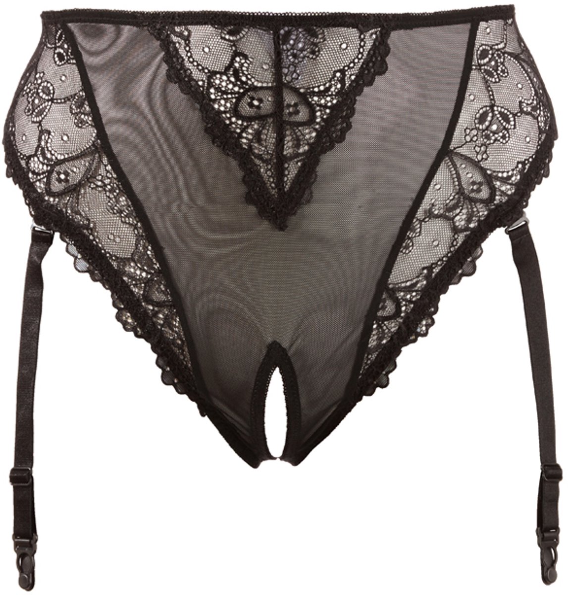 Cottelli Plus Size –  Jarretel Slip met Kanten Inleg en Erotisch Ondertoon – Maat 4XL - Zwart