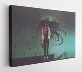Angst concept van mysterieuze vrouw met paraplu met zwarte tentakels in regenachtige nacht, digitale kunststijl, illustratie - Modern Art Canvas - Horizontaal - 1074377570 - 50*40