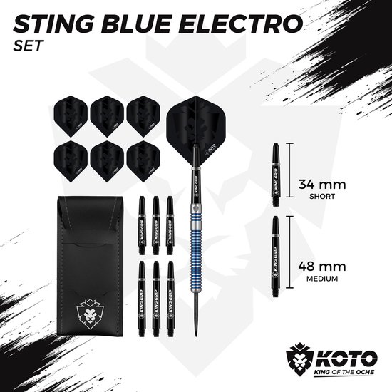 KOTO Sting Blue Electro 90% Tungsten Darts, 24 Gram Steeltip Dartpijlen Van 90% Wolfraam, Professionele Stalen Punt DartSet Met 3 Pijlen en 6 Shafts, Met Dart Wallet - KOTO