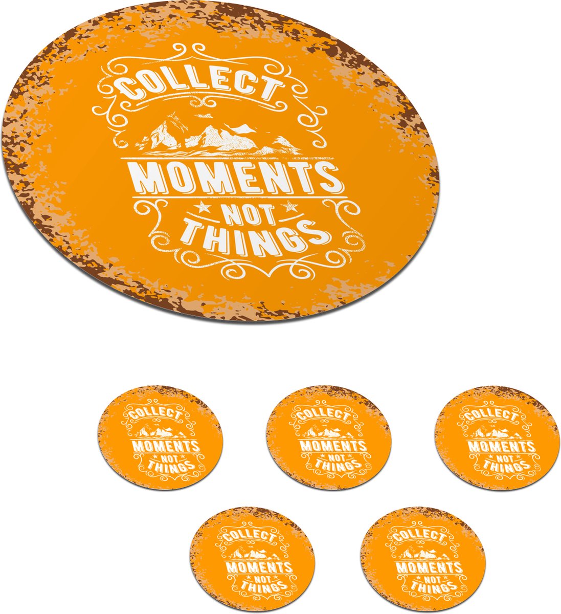 Onderzetters voor glazen - Rond - Vintage - Berg - Tekst - 10x10 cm - Glasonderzetters - 6 stuks