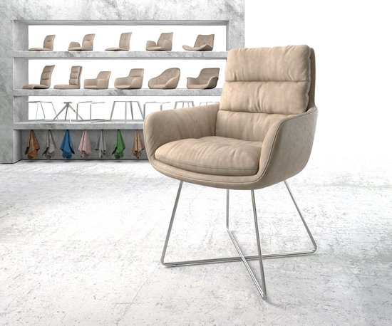 Gestoffeerde-stoel Abelia-Flex met armleuning X-frame roestvrij staal beige vintage