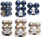 Kerstversiering kunststof kerstballen kleuren mix donkerblauw/champagne 6-8-10 cm pakket van 44x stuks