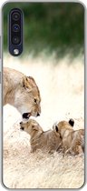 Geschikt voor Samsung Galaxy A50 hoesje - Leeuw - Gras - Welp - Familie - Siliconen Telefoonhoesje