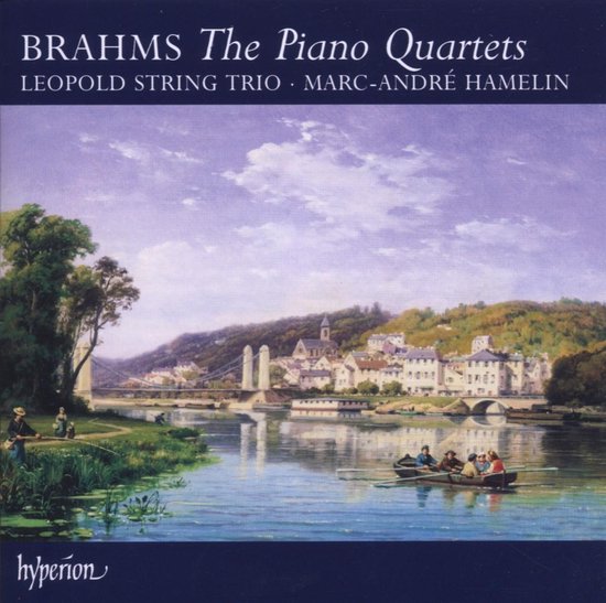 CD hoes met schilderij van een rivierlandschap met een stad op de achtergrond, getiteld 'BRAHMS The Piano Quartets'.