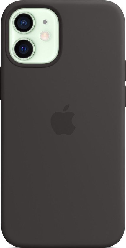 Zwart Apple siliconen hoesje voor iPhone 12 Mini met MagSafe-compatibiliteit.