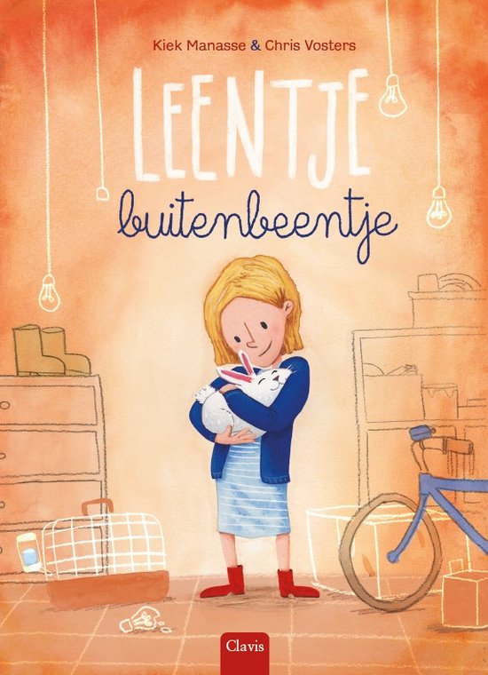 Een meisje met blond haar en rode laarzen houdt een wit konijn vast. Ze draagt een blauw vest en een gestreepte jurk. De titel is 'Leentje buitenbeentje'.