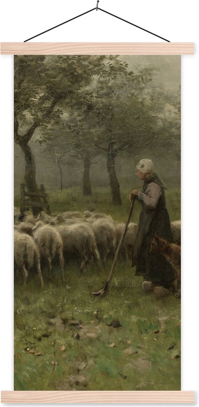 Posterhanger incl. Poster - Schoolplaat - Herderin met kudde schapen - Schilderij van Anton Mauve - 40x80 cm - Blanke latten