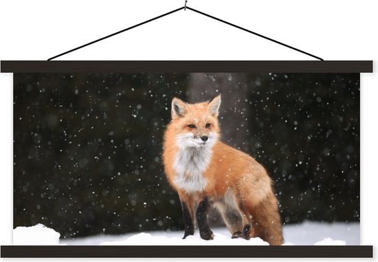 Porte-affiche avec affiche - Affiche scolaire - Renard - Neige - Hiver - 90x45 cm - Lattes noires