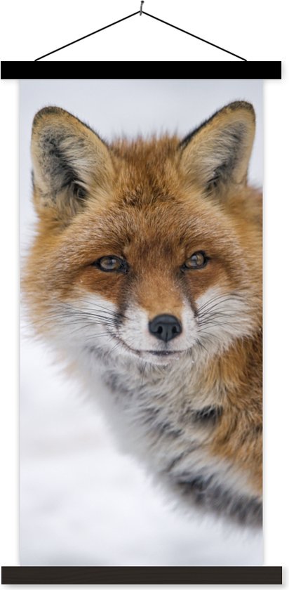 Posterhanger incl. Poster 40x80 cm - Schoolplaat - Vos - Portret - Sneeuw - Textielposter - Zwarte latten