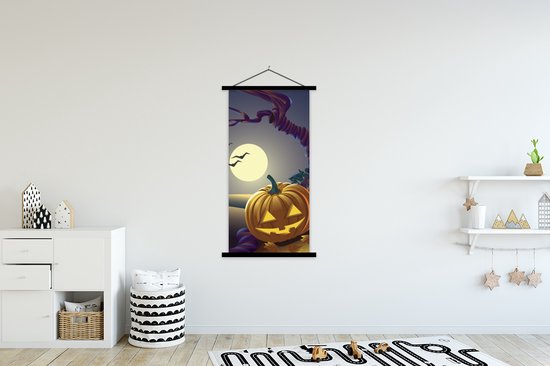 Posterhanger incl. Poster 90x180 cm - Schoolplaat - Twee pompoenen tijdens een Halloween avond in een illustratie - Textielposter - Zwarte latten