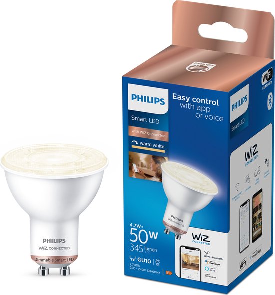 Philips Spot 4,7 W (éq. 50 W) PAR16 GU10, Ampoule intelligente, Blanc, GU10, Lumière blanche douce, 2700 K, 2700 K