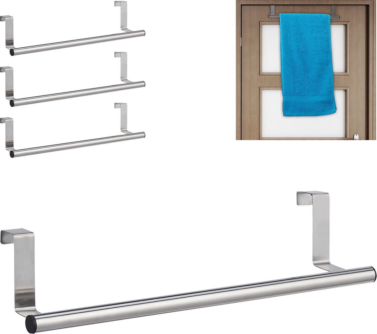 Relaxdays 4x Handdoekhouder deur - rvs - zilver handdoekrek kastje - handdoekdrager
