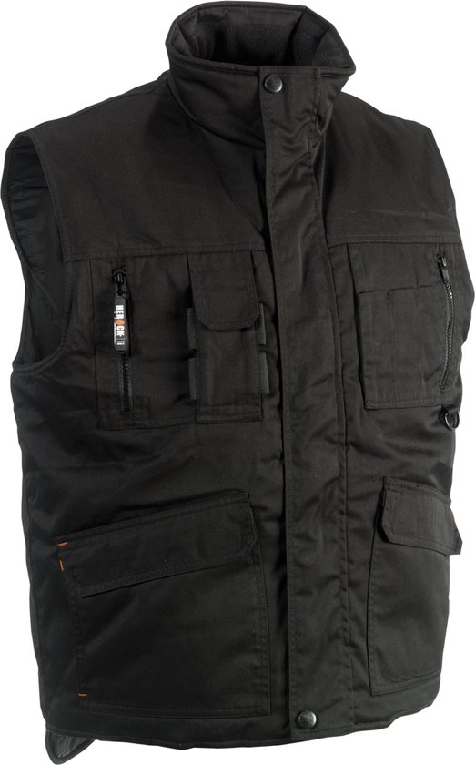 Zwarte bodywarmer met hoge kraag, meerdere voorzakken en oranje accenten.