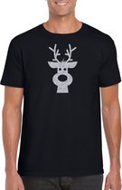 Rendier hoofd Kerst t-shirt - zwart met zilveren glitter bedrukking - heren - Kerstkleding / Kerst outfit M