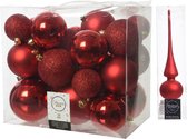 Kerstversiering kunststof kerstballen rood 6-8-10 cm pakket van 27x stuks - Met mat glazen piek van 26 cm