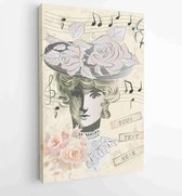 Canvas schilderij - Old grunge card with beautiful woman - vector illustration -  Productnummer 56215414 - 80*60 Vertical