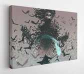 Canvas schilderij - Fight scene of the man with magic wizard staff and the devil of crows, digital art style, illustration painting  -     1282908322 - 115*75 Horizontal