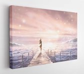 Canvas schilderij - Beautiful illustration with sunlight. A girl in a dress standing on a pier by the sea. Picture. Shine at dawn or at sunset. Pastel pink and blue colors. Fantasy