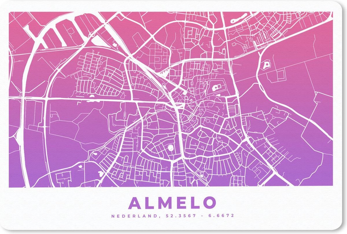 Muismat - Mousepad - Stadskaart - Almelo - Nederland - Paars - 27x18 cm - Plattegrond