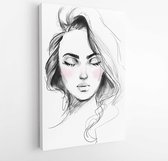 Canvas schilderij - Beautiful girl face with closed eyes black and white fashion illustration. Hand drawn pencil sketch with pink watercolor. -  1169764075 - 80*60 Vertical