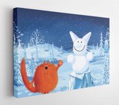 Canvas schilderij - Fluffy red cat standing next to a snowcat in the nice night winter landscape  -     547727995 - 40*30 Horizontal