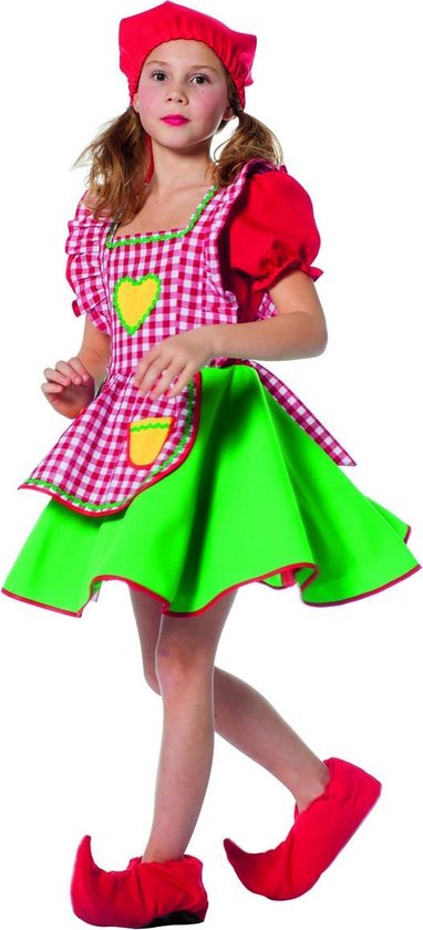 Wilbers & Wilbers - Dwerg & Kabouter Kostuum - Vrolijk Kaboutermeisje Sprookjesbos Kostuum - Rood, Groen, Multicolor - Maat 140 - Carnavalskleding - Verkleedkleding