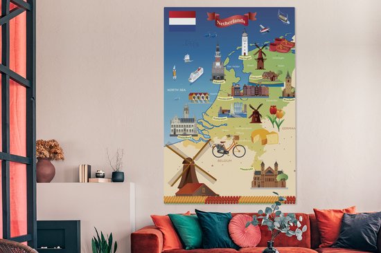 Carte des Nederland avec des vues 120x180 cm - Tirage photo sur Toile (Décoration murale salon / chambre) XXL / Groot format!