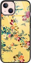 iPhone 13 hoesje glass - Bloemen geel flowers | Apple iPhone 13  case | Hardcase backcover zwart