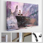 Geschilderd winterlandschap met een huis op een klif - Modern Art Canvas - Horizontaal - 780819616