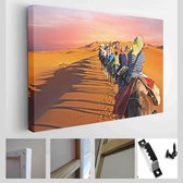 Kameelkaravaan rijden door de woestijn in Marokko Afrika bij zonsondergang - Modern Art Canvas - Horizontaal - 582101515