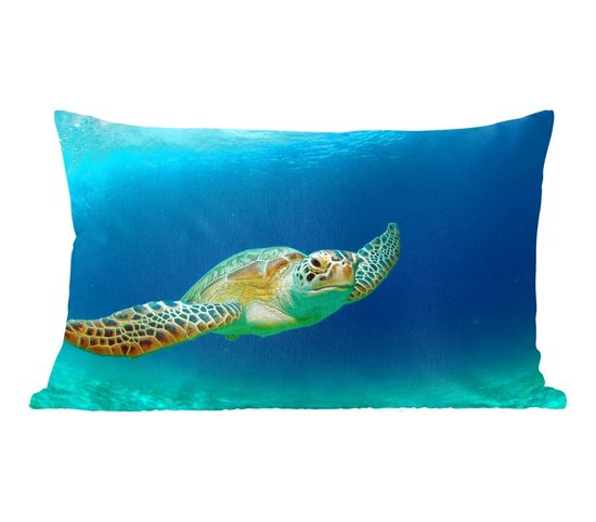 Sierkussen Schildpad voor binnen - Close-up foto van groene zeeschildpad - 50x30 cm - rechthoekig binnenkussen van katoen