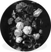 WallCircle - Wandcirkel - Muurcirkel - Stilleven met bloemen in een glazen vaas - Schilderij van Jan Davidsz. de Heem - zwart wit - Aluminium - Dibond - ⌀ 30 cm - Binnen en Buiten
