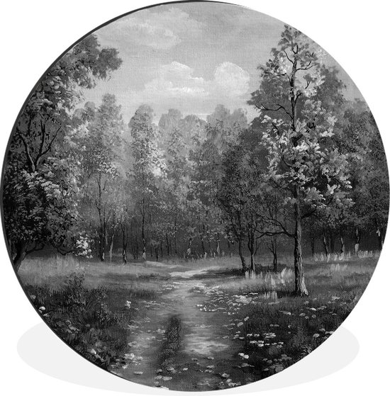 WallCircle - Wandcirkel - Muurcirkel - Een illustratie van herfstachtige bomen in een bos - zwart wit - Aluminium - Dibond - ⌀ 60 cm - Binnen en Buiten