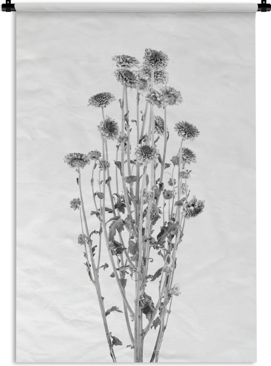 Wandkleed - Wanddoek - Gedroogde paarse bloemen op witte achtergrond - zwart wit - 90x135 cm - Wandtapijt