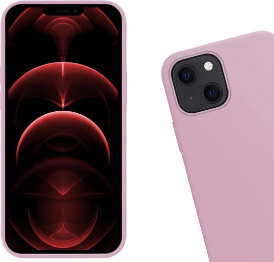 Coque iPhone 13 lilas avec fond d'écran rouge et arrière de la coque.