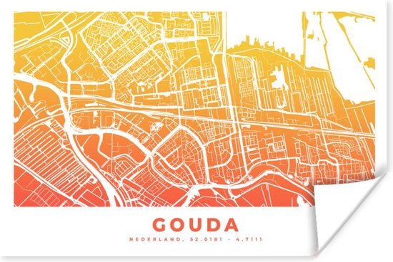 Poster Stadskaart - Gouda - Nederland - Geel - 180x120 cm XXL - Plattegrond