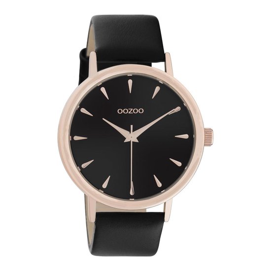 OOZOO Timepieces - rosé goudkleurige horloge met zwarte leren band - C10829 - Ø42