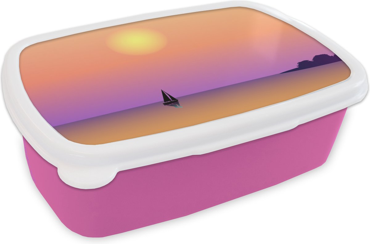Broodtrommel Roze - Lunchbox - Brooddoos - Boot - Zeil - Zon - Nacht - 18x12x6 cm - Kinderen - Meisje