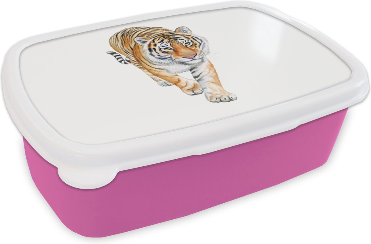 Broodtrommel Roze - Lunchbox - Brooddoos - Tijger - Lichaam - Wit - 18x12x6 cm - Kinderen - Meisje