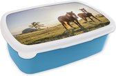 Broodtrommel Blauw - Lunchbox - Brooddoos - Paarden - Zon - Gras - 18x12x6 cm - Kinderen - Jongen