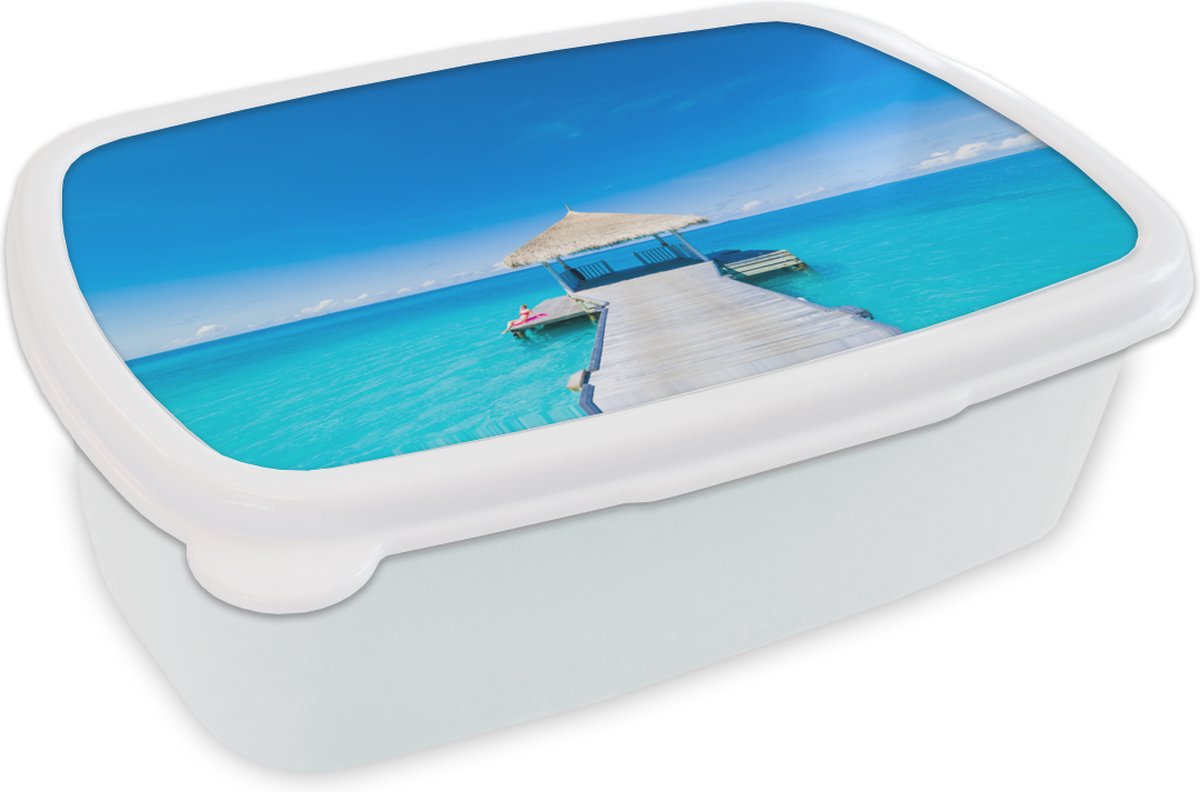 Broodtrommel Wit - Lunchbox - Brooddoos - Zee - Pier - Hut - 18x12x6 cm - Volwassenen
