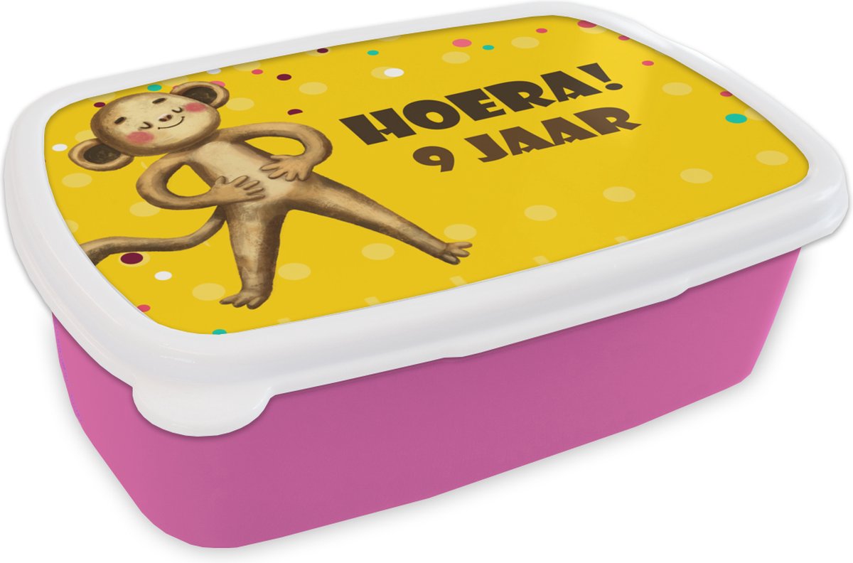 Broodtrommel Roze - Lunchbox - Brooddoos - Versiering - Aap - 9 jaar - 18x12x6 cm - Kinderen - Meisje