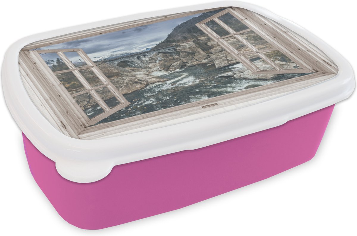 Broodtrommel Roze - Lunchbox - Brooddoos - Doorkijk - Brug - Water - 18x12x6 cm - Kinderen - Meisje