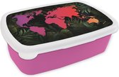 Broodtrommel Roze - Lunchbox - Brooddoos - Wereldkaart - Kleuren - Planten - 18x12x6 cm - Kinderen - Meisje
