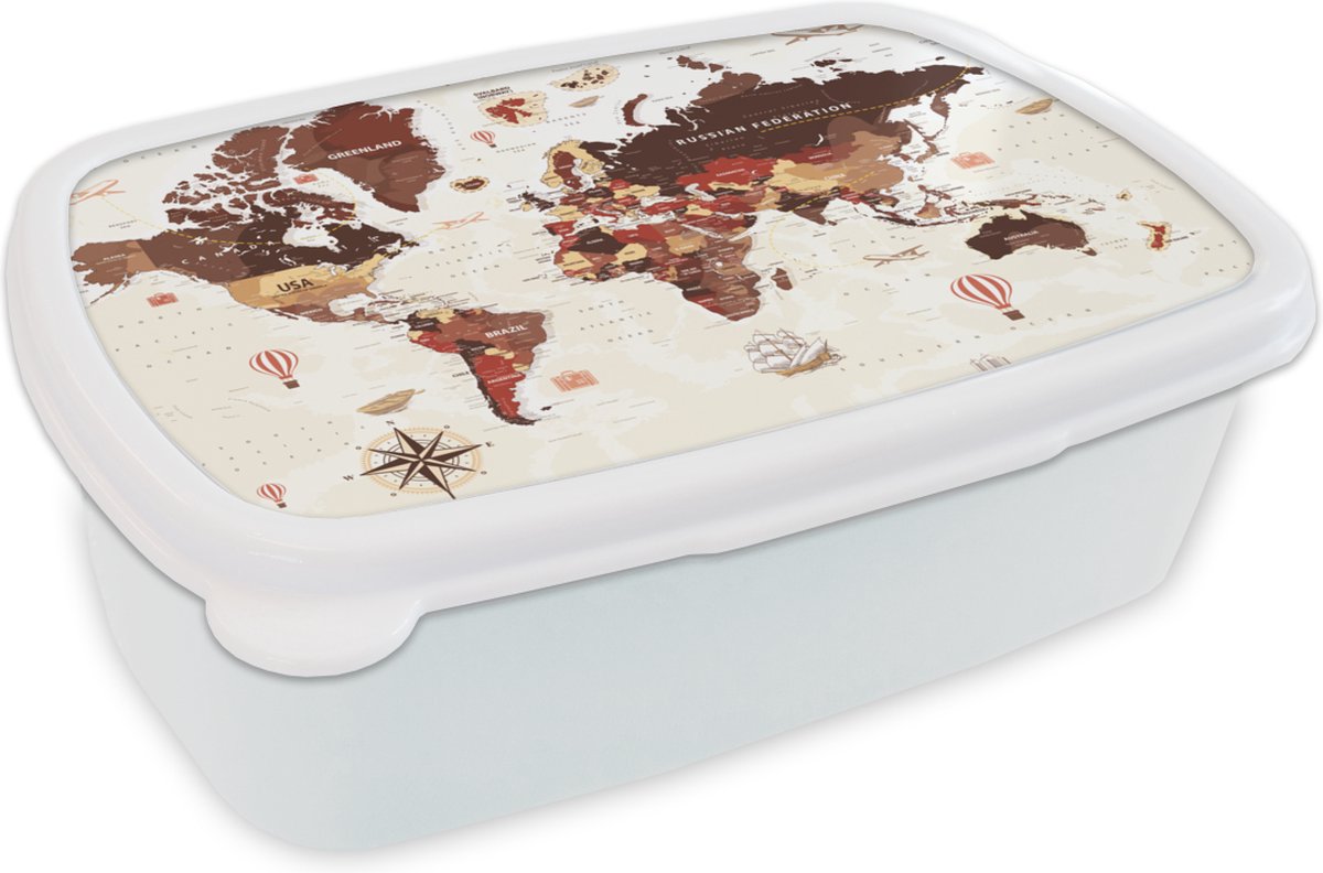 Broodtrommel Wit - Lunchbox - Brooddoos - Wereldkaart - Bruin - Rood - 18x12x6 cm - Volwassenen