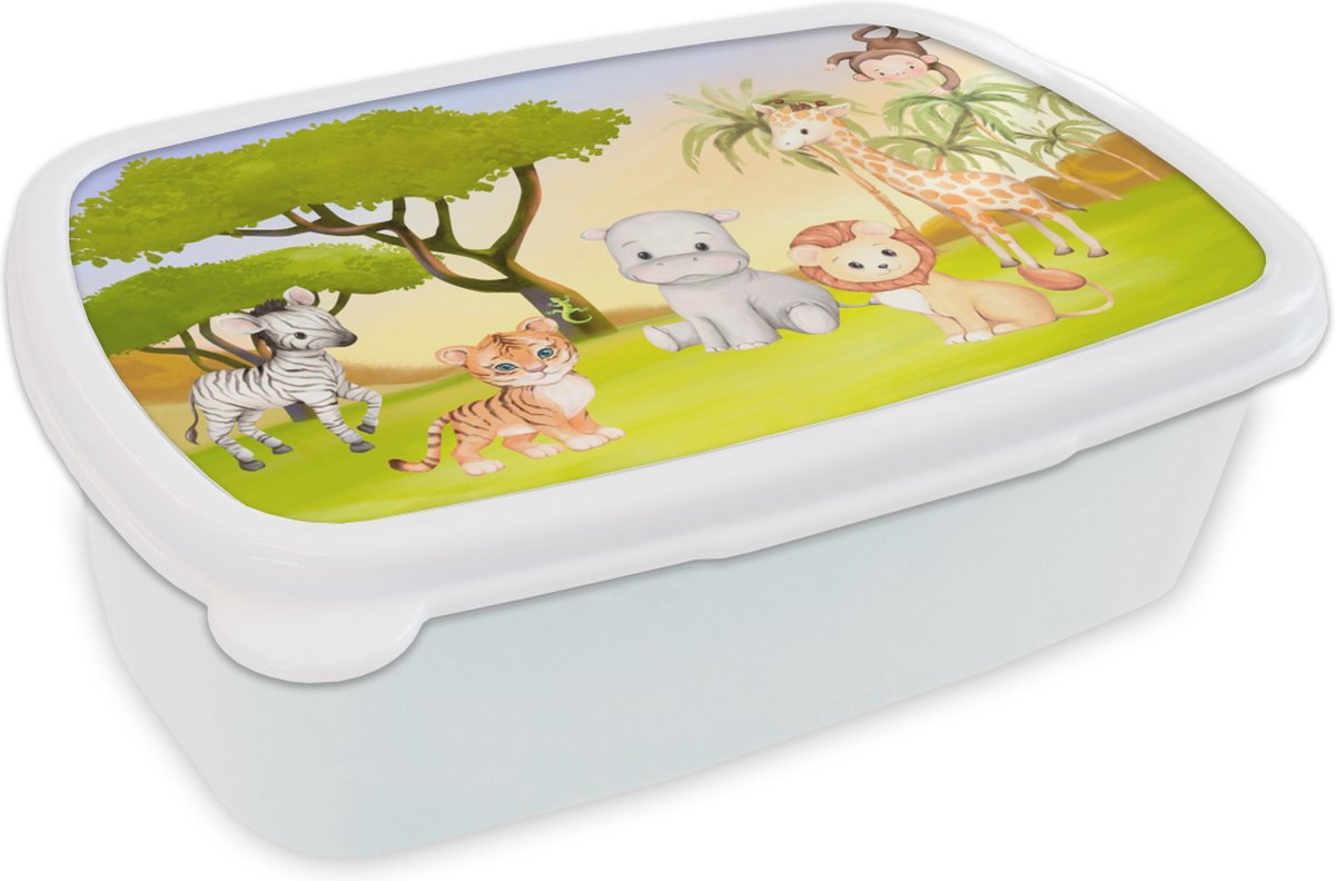 Broodtrommel Wit - Lunchbox - Brooddoos - Jungle - Dieren - Kind - 18x12x6 cm - Volwassenen