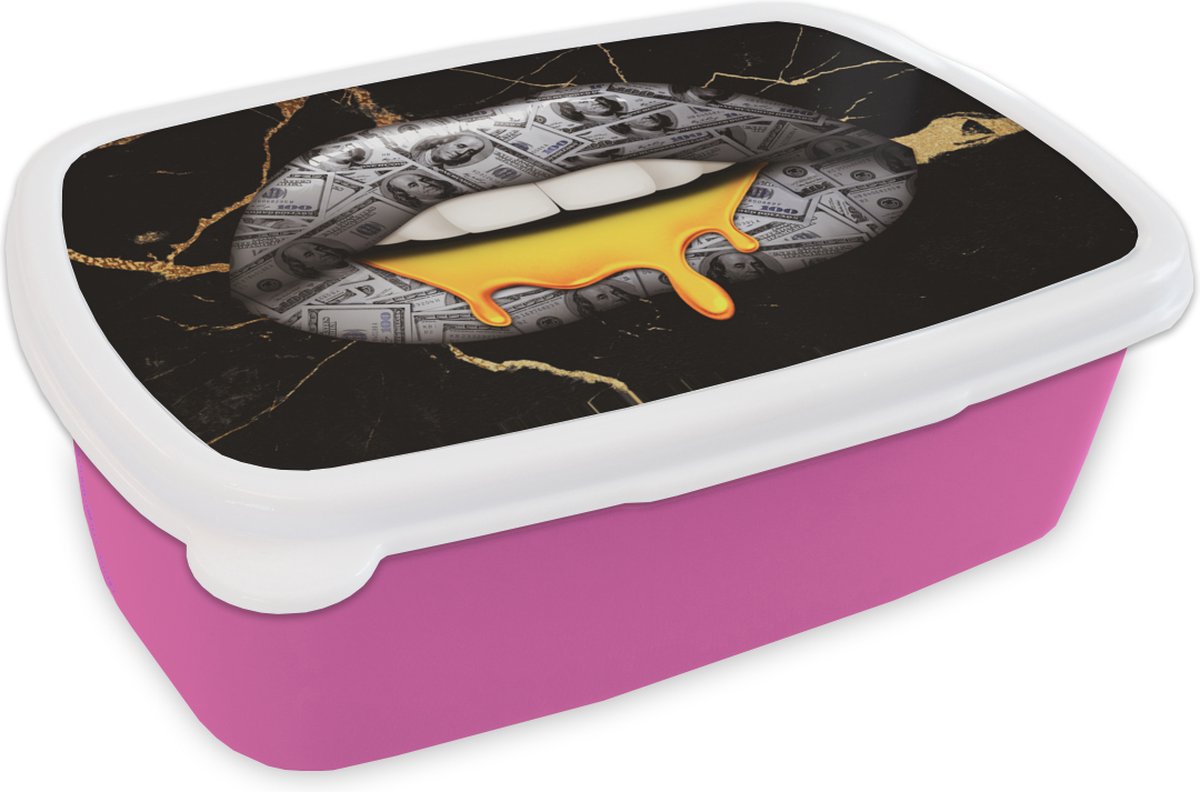 Broodtrommel Roze - Lunchbox - Brooddoos - Lippen - Geld - Abstract - 18x12x6 cm - Kinderen - Meisje