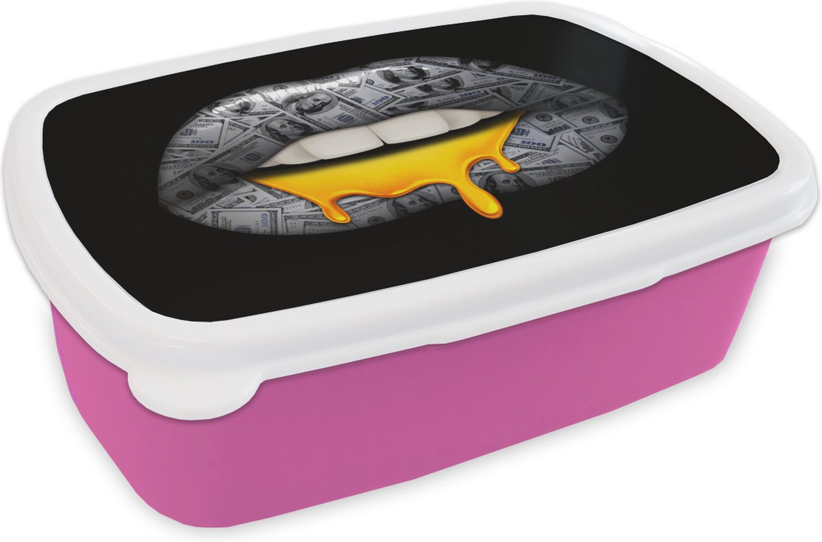 Broodtrommel Roze - Lunchbox - Brooddoos - Lippen - Geld - Zwart Wit - 18x12x6 cm - Kinderen - Meisje