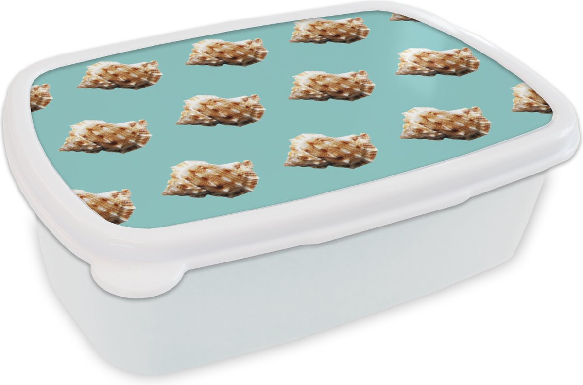 Broodtrommel Wit - Lunchbox - Brooddoos - Schelpen - Patronen - Groen - 18x12x6 cm - Volwassenen