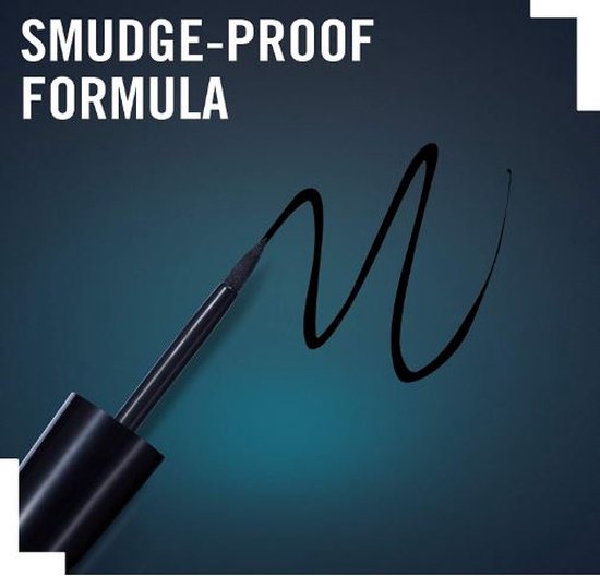 Rimmel London Exaggerate eyeliner met veegvaste formule en applicator die een zwarte lijn aanbrengt.